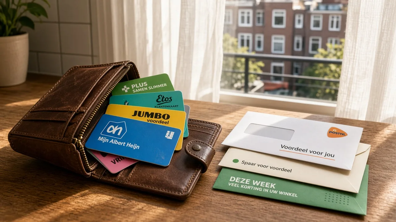 Loyaliteitskaarten en ongeopende post op een aanrecht