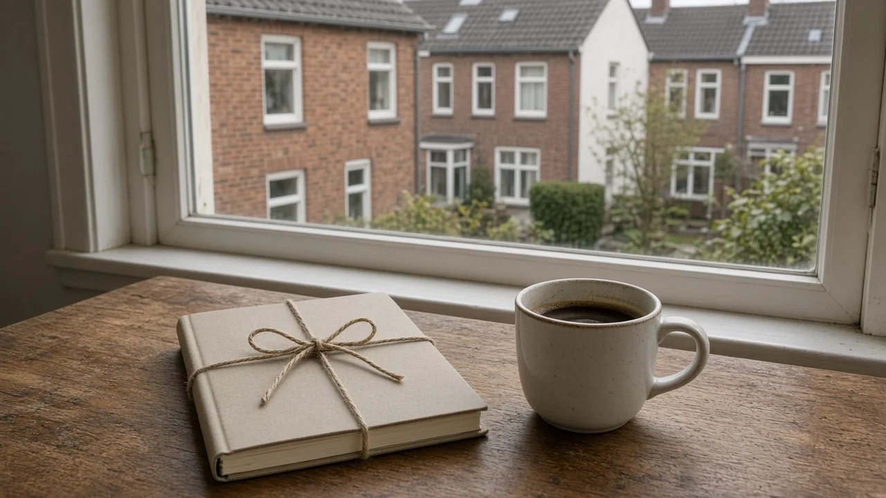 Gesloten notitieboek met koffie in een Nederlandse keuken