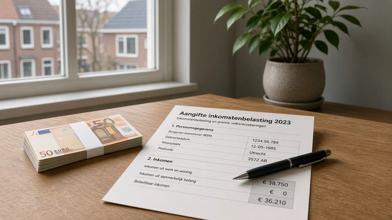 Stapel euro's en belastingformulier op een bureau