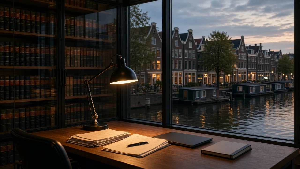 Glazen kantoor met juridische boeken en grachtzicht